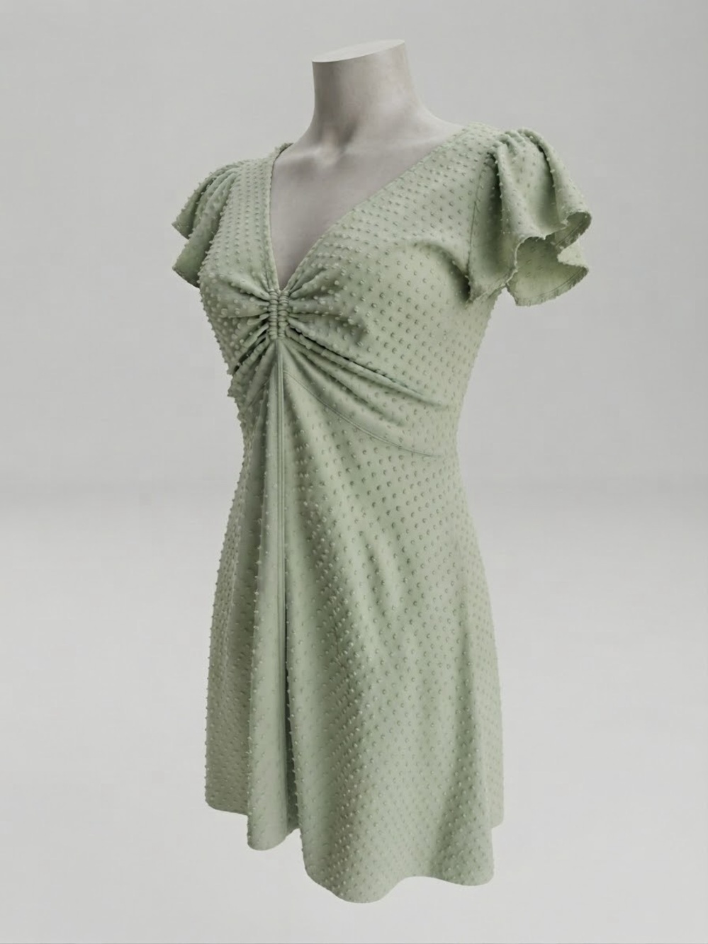 Rolla Coster Sage Green Dot V-Neck Flutter Sleeve Ruched Mini Dress Size Large